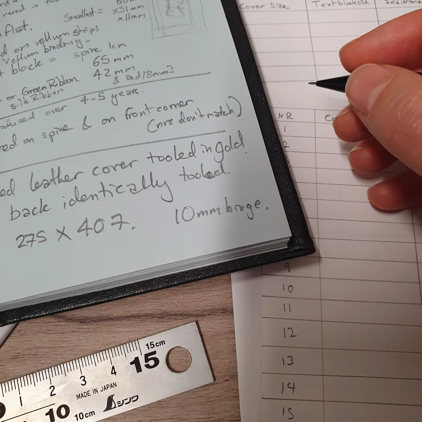 The slightly less sexy looking part of projects. In this case updating my 2016 observations of a book collection with my 2026 brain. Turns out I've learned A Lot in the intervening 10 years. Although past me of only 4 years binding experience did really rather well now I look back.

[Image description: a book with blue pages next to a white sheet of paper, both covered in noted.]