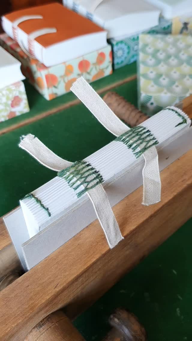 Glueing up the spine of a new collection of books, each inspired by tea packaging. Enjoy this insight into the preparatory stage of the process. After this, each book will get coloyrmayched hand sewn endbands.

[Video description: a small text block sewn on two flat tapes is clamped in a wooden press. The spine is glued up gently and a layer of fraynot fabric is added over the top. ]