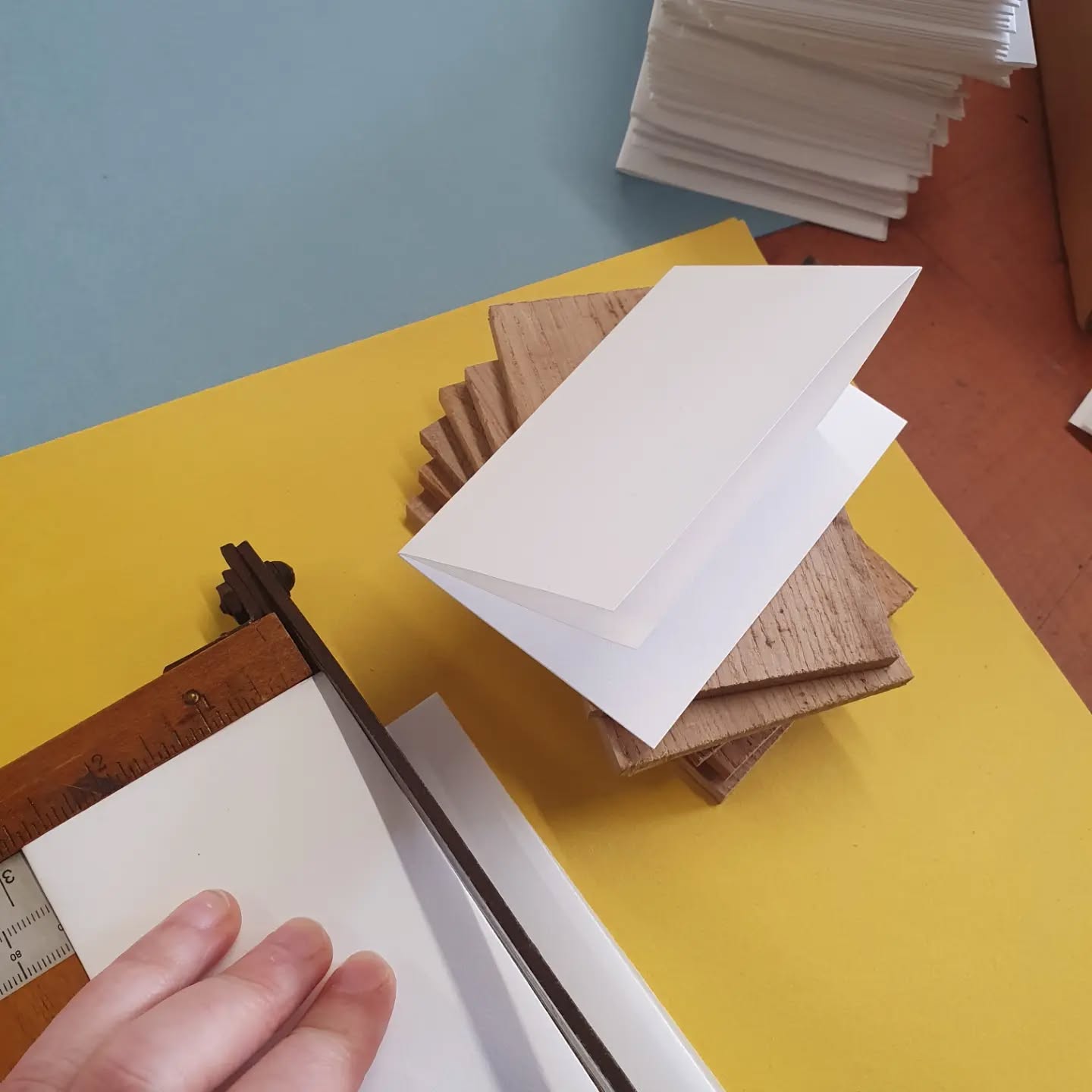 Getting full use out of this tiny guillotine from @goodsingeneralstore as I prepare pages for the upcoming medieval girdle book class starting this Monday. Wooden boards precut by @fiftyelevencabinetry to save time in class. The coloured sugar paper background is also being cut down but for an order of mini book kits.

[Image description: a mini guillotine trimming pages down to fit a stack of oak boards]