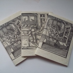 Three pamphlets with woodcuts showing a bookbinder, printer, and paper maker.