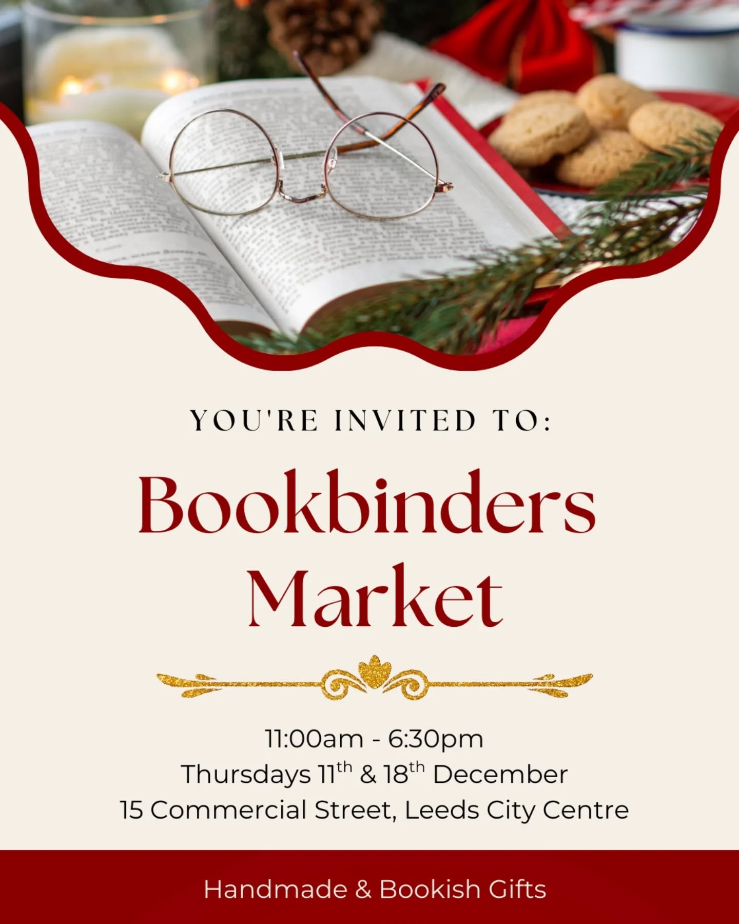This Thursday and next, 11am-6:30pm pop on over to 15 Commercial street under @theleedslibrary to meet some bookbinders, book artists, and zine makers. Find out more about the craft, buy some bookish gifts, and discover the library above.

[Image description: a poster that reads "you're invited to the Bookbinders Market, Thursdays 11th and 18th Dec 11am to 6.30pm 15 Commercial Street, Leeds City centre.]