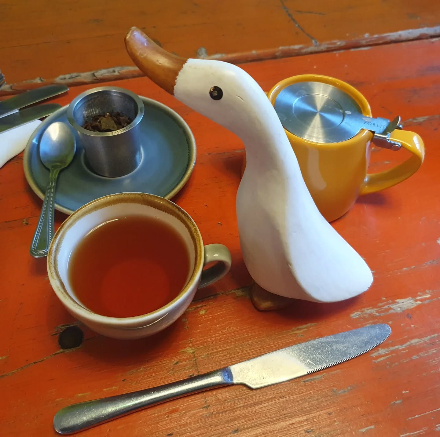 I can't believe we're halfway through January already. My email inbox is groaning with messages so do please bear with me while I try to work through them all and get my ducks in a row (found one!) for the rest of the year. It's taking a lot longer than I expected this year.

[Image description: a wooden duck/goose sat in amongst a cup of tea, a teapot and cutlery.]