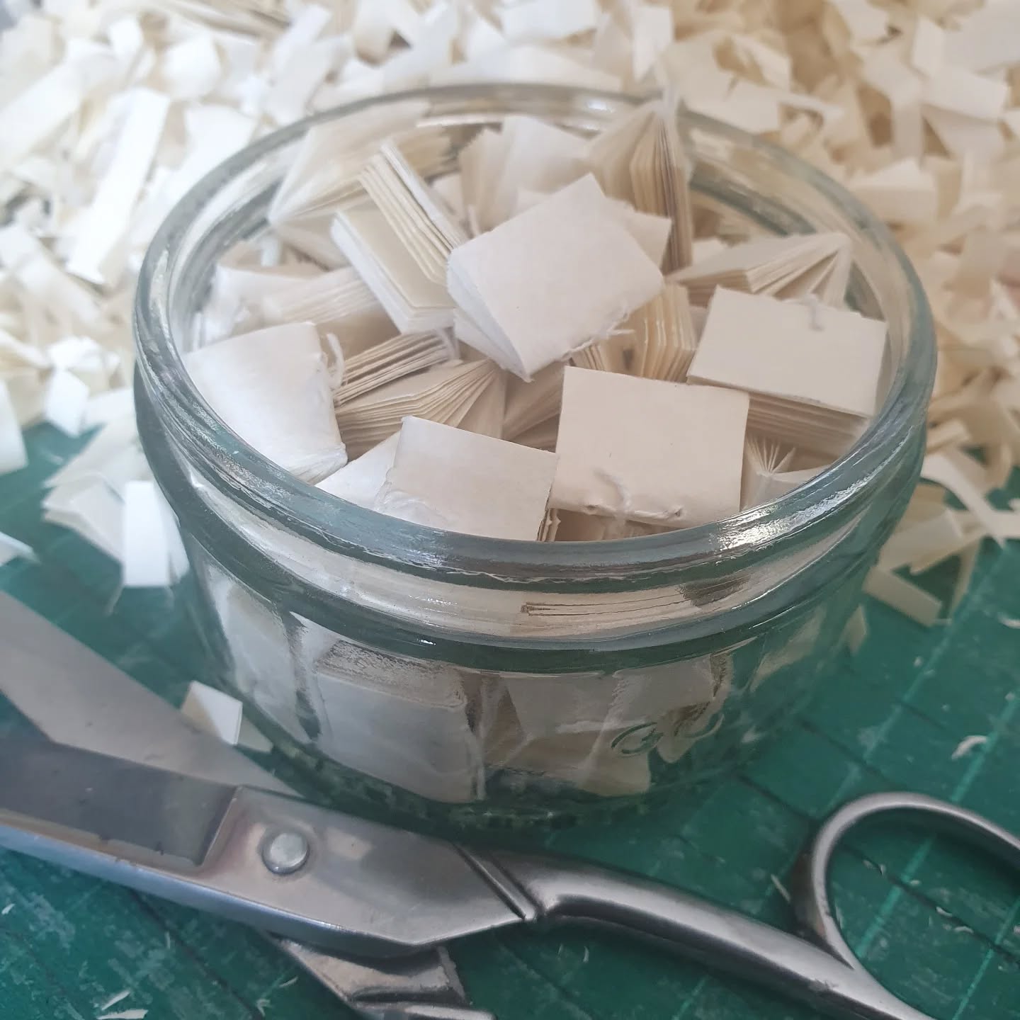 The many many mini books are trimmed (thank you to BBC iplayer for keeping me entertained during this long task). I now have over 100 tiny text blocks to turn into book blocks, make cases for and case in. It starts to get more exciting from here on in... 

The offcuts don't go to waste, they add important dry matter to our home compost which we add to the garden in time. The circle of bookbinding. 😄

[Image description: a jar holding trimmed pages with a pile of paper offcuts behind.]