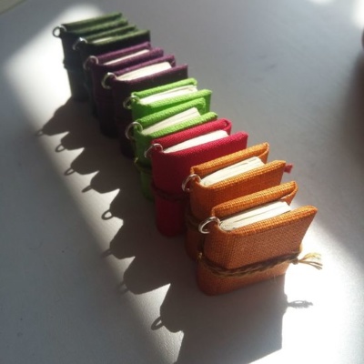 A picture of differently coloured book charms