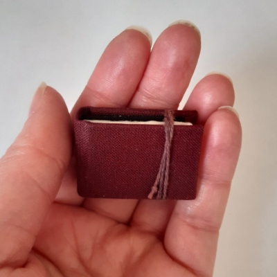 A miniature wine red book held in a hand