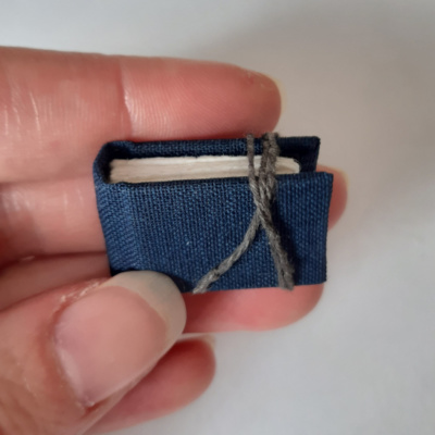 a tiny miniature book in dark blue held by a hand