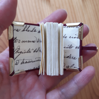 a miniature book with handwriting sample endpapers