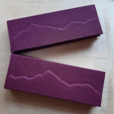 Two landscaoe shaped books with a 3d cover in wine red showing the outline of a mountain range.