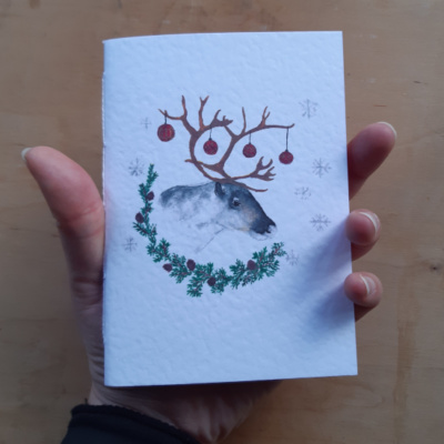 A hand holding a pamphlet with a reindeer on