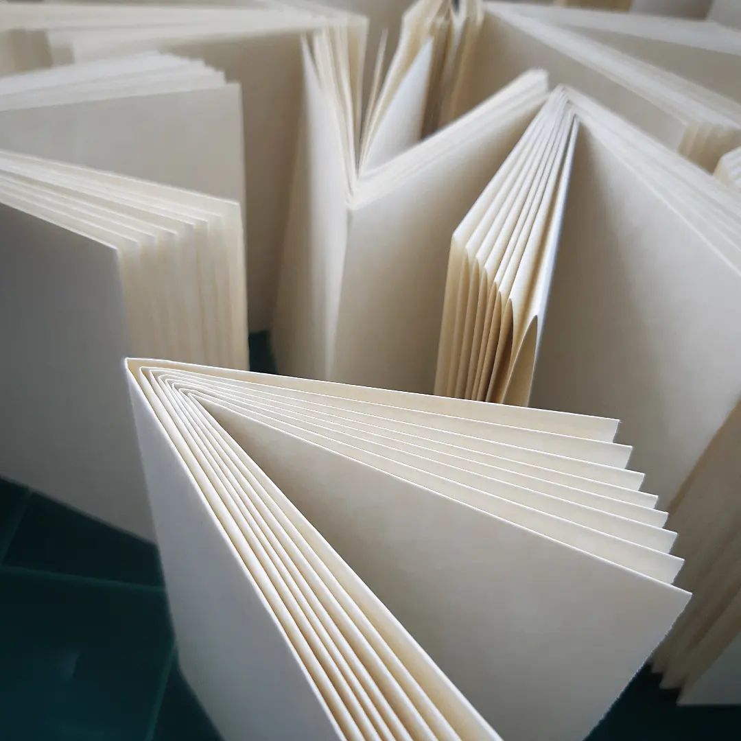 Folding folding folding, the first step to every new notebook.

[Image description: a close-up of folded pages grouped into books.]

#WorkInProgress #Paper #Bookbinding