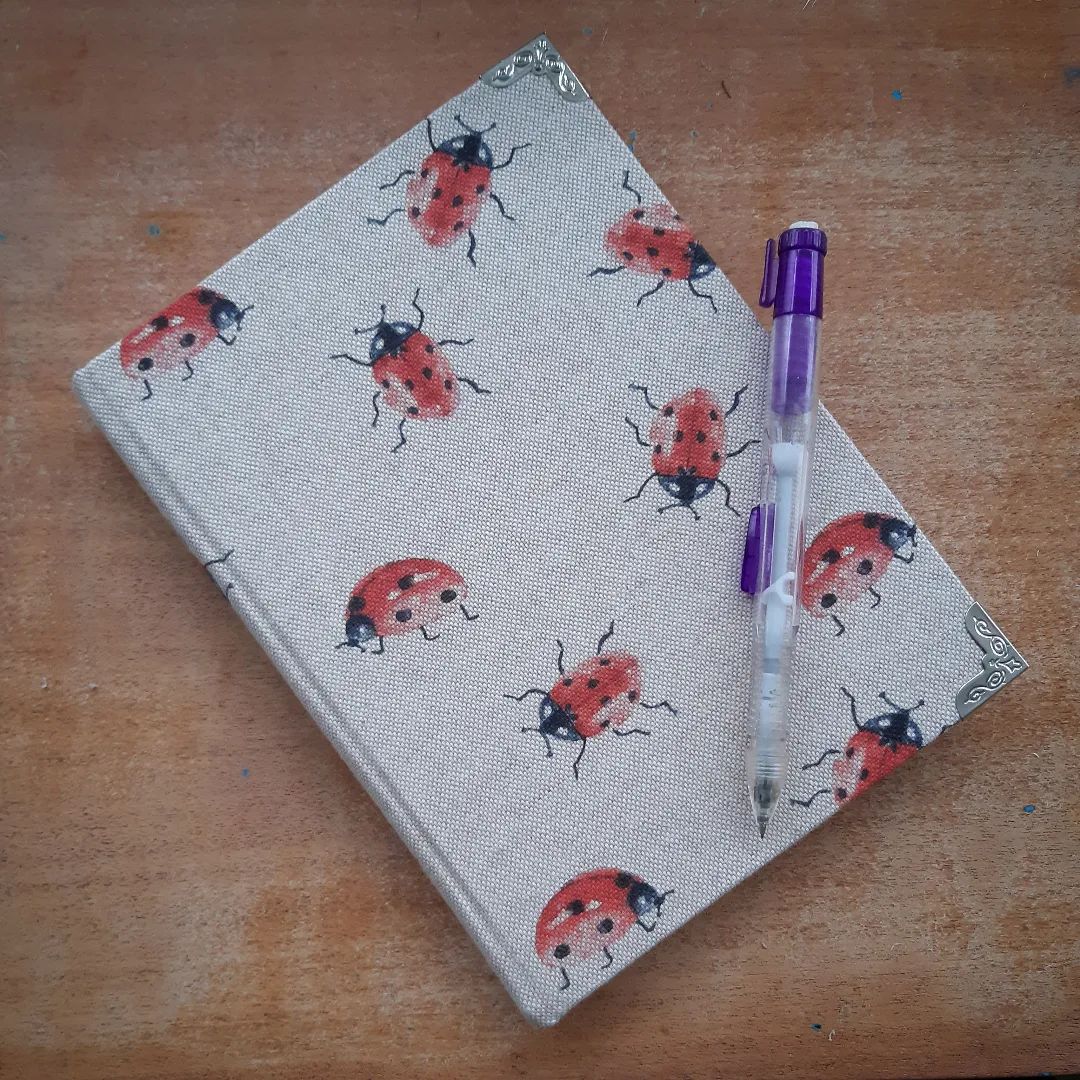 The ladybird theme continues indoors with another of the insect-themed books made from fabric offcuts.

[Image description: a fabric-covered book in linen-coloured fabric with painted ladybirds on. Finished with silver metal corners.]

#Insects #Ladybird #Bookbinding
