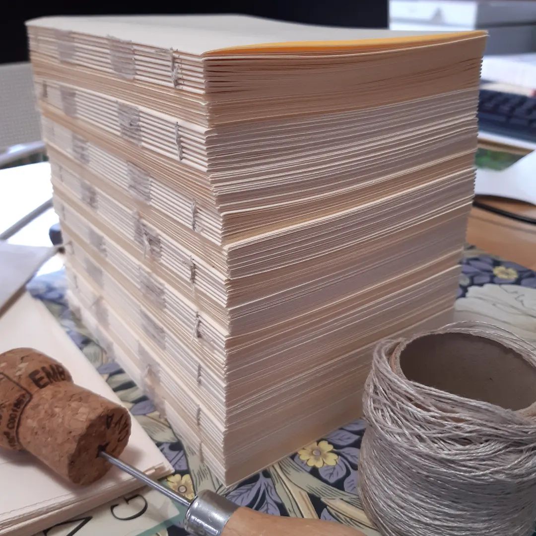 Stack 1 for today, looking very neat awaiting glueing and trimming. Many more to go.

[Image description: a pile of freshly sewn text blocks, an awl and some linen thread.]

#BatchMaking #BooksInStacks #WorkInProgress