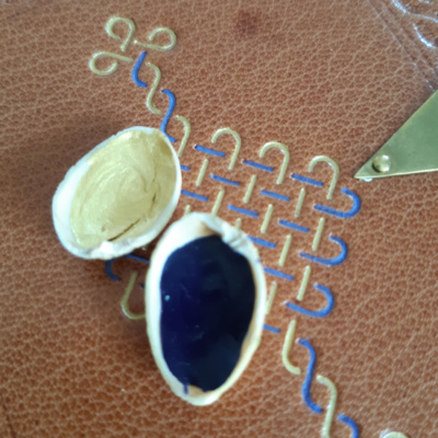 a close-up of a book with painted gold and blue tooling and two pistachio shells, one with blue paint in, one with gold paint.