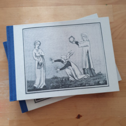 A landscape A5 hardback notebook with blue spine and an image of ladies rushing to offer a queen gifts on the parchment paper cover
