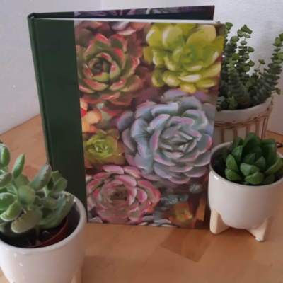 A book surrounded by succulents. It has a green book cloth spine and the cover has a watercolour style image of succulents on it.