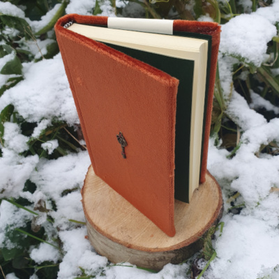An orange velvet covered book is standing open on a wooden stump surrounded by snow and foliage. The book's endpapers are green. In the centre of the book's cover is a brass key.