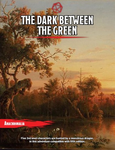 A digital cover for The Dark Between the Green showing a moody swamp like scene.