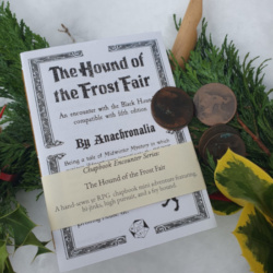 A small pamphlet with the title "The Hound of the Frost Fair" with typographical border decoration.