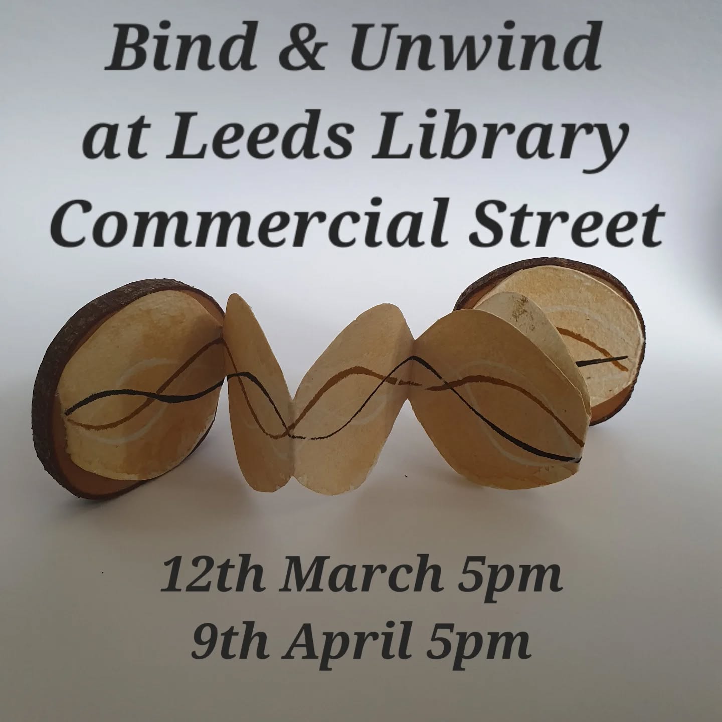 Save the date, the next 2 Bind & Unwind dates have been locked in @theleedslibrary . Fancy meeting a group of friendly bookbinders of all types? PM Anachronalia for additional details.

Book is a miniature art book made for an exhibition focused on curves.

[Image description: a concertina book with the text "Bind &Unwind, at Leeds Library, Commercial Street. 12th March 5pm, 9th April 5pm.]